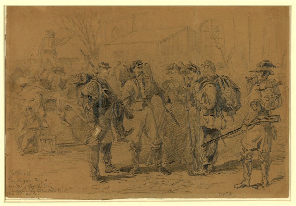 Soldiers of Gen Augurs Brigade waiting for the cars to take them to Uptons Hill, Va. their old camp LCCN2004661306