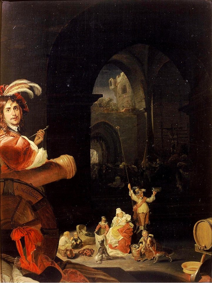 Soldiers and other Figures in a Castle Ruin, with the Self-Portrait of the Artist in the Foreground by Karel Slabbaert Mauritshuis 410
