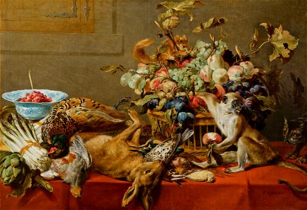 'Still Life with Fruit, Dead Game, Vegetables, a live Monkey, Squirrel and Cat' by Frans Snyders. Free illustration for personal and commercial use.