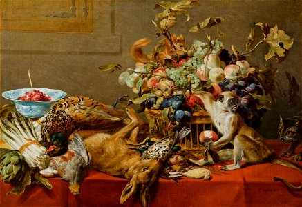 'Still Life with Fruit, Dead Game, Vegetables, a live Monkey, Squirrel and Cat' by Frans Snyders