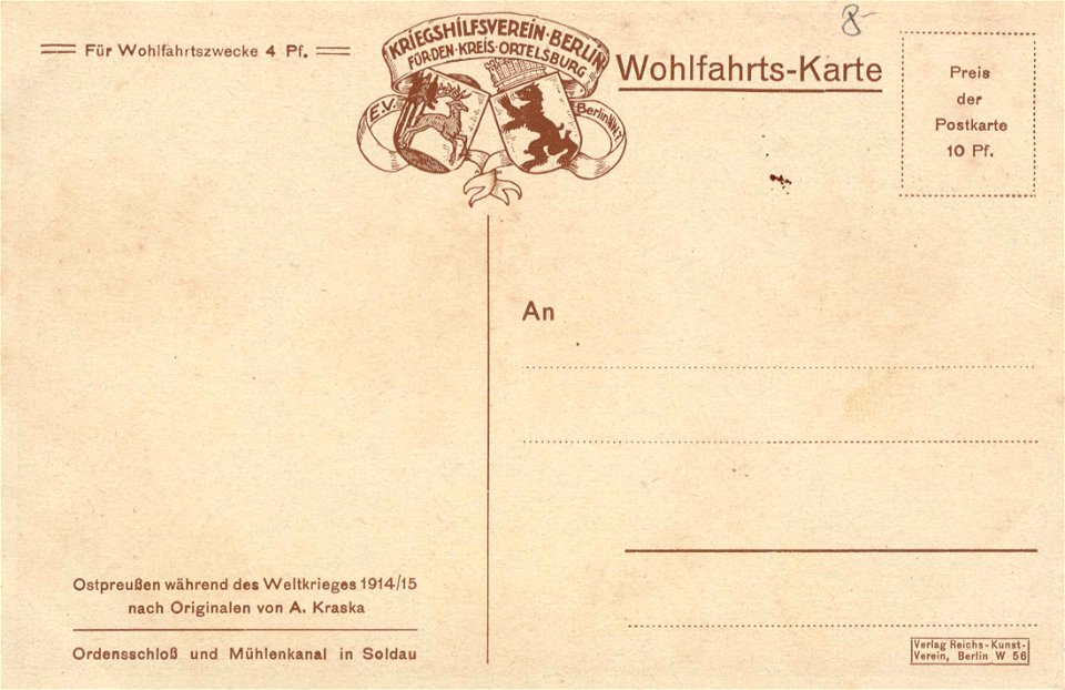 Soldau, Ostpreußen - Ordensschloss und Mühlenkanal (back) (Zeno Ansichtskarten)