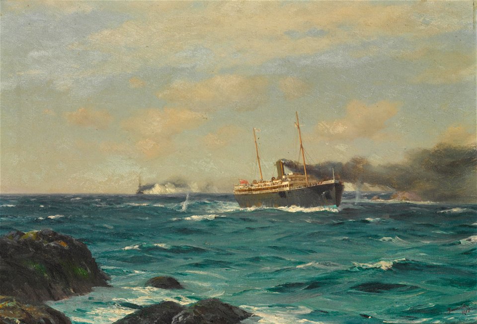Thomas Jacques Somerscales - The S.S. Ortega entering the straits of Nelson with the S.M.S. Dresden in pursuit