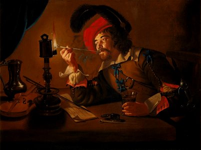 Soldier Lighting His Pipe from an Oil Lamp 1331 (OK). Free illustration for personal and commercial use.