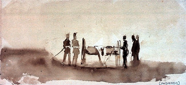 Soldiers, some mounted, with a gun carriage firing a salute or blank RMG PU9950 2