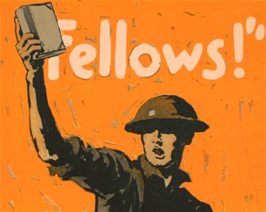 Soldier with book in 1918 art detail, from- Hey fellows! Your money brings the book we need when we want it American Library Association, United War Work Campaign, Week of November 11, 1918 - - Sheridan. LCCN2002722568 (cropped)