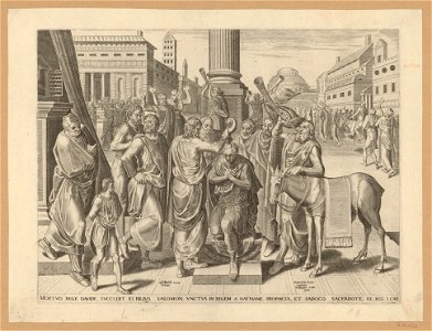 Solomon Anointed King s.d print by Frans Floris I, S.I 54153, Prints Department, Royal Library of Belgium