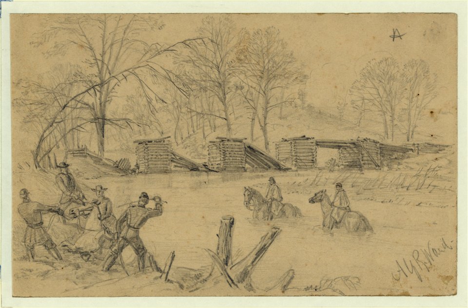 Soldiers on horseback crossing a river near a collapsed bridge LCCN2004660276
