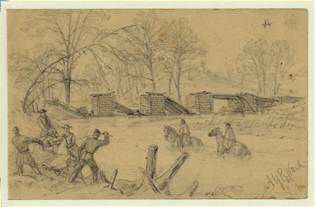 Soldiers on horseback crossing a river near a collapsed bridge LCCN2004660276