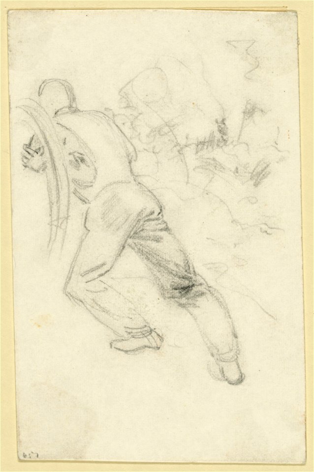 Soldier pushing against a stuck wagon wheel LCCN2004660964