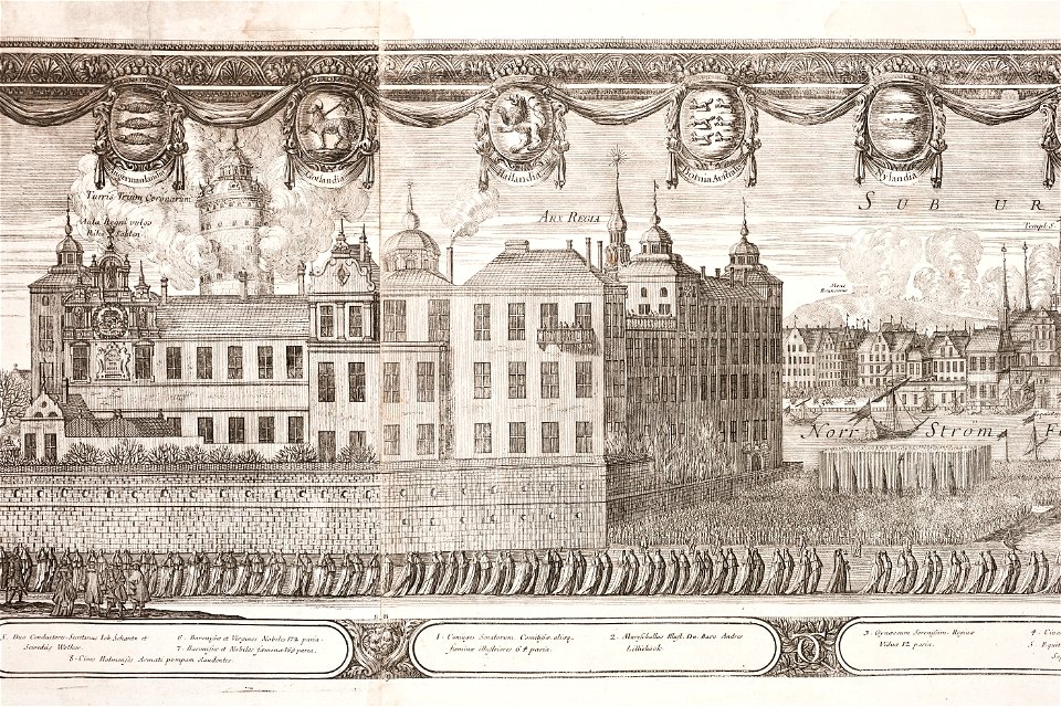 Sorgklädda kvinnor i Karl X Gustavs begravningståg utanför slottet Tre kronor, 1660 - Livrustkammaren - 108754