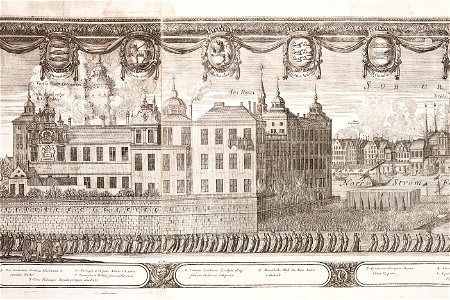 Sorgklädda kvinnor i Karl X Gustavs begravningståg utanför slottet Tre kronor, 1660 - Livrustkammaren - 108754