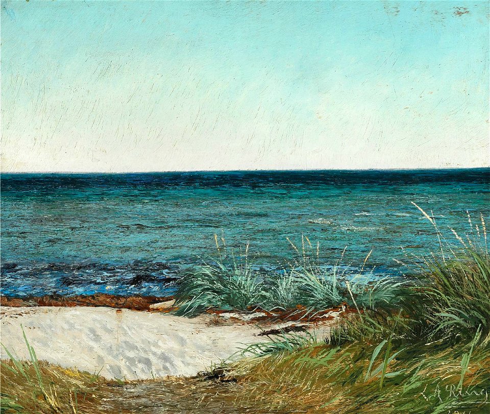 Sommerdag ved Greve Strand. Solskin. Blaa Himmel og blaat Vand