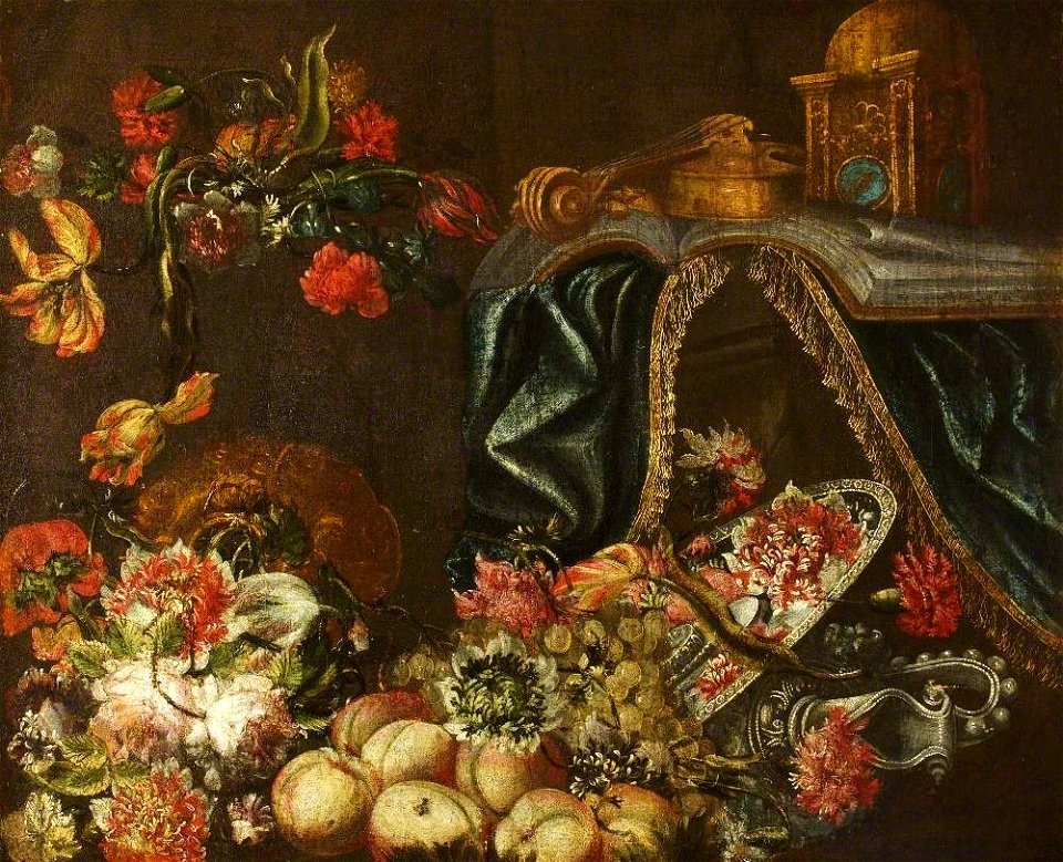 Spanish School (possibly) - Flowers with Fruit, a Book, a Violin and a Blue Drape - 1138249 - National Trust