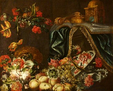 Spanish School (possibly) - Flowers with Fruit, a Book, a Violin and a Blue Drape - 1138249 - National Trust