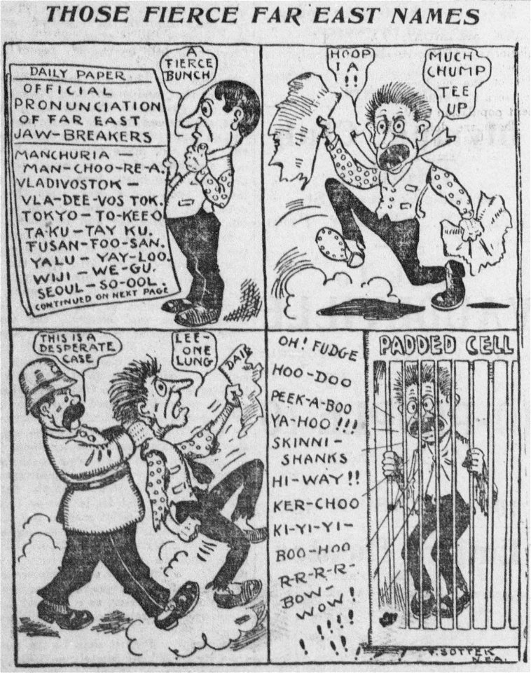 Sottek cartoon about man being driven insane by Far East names