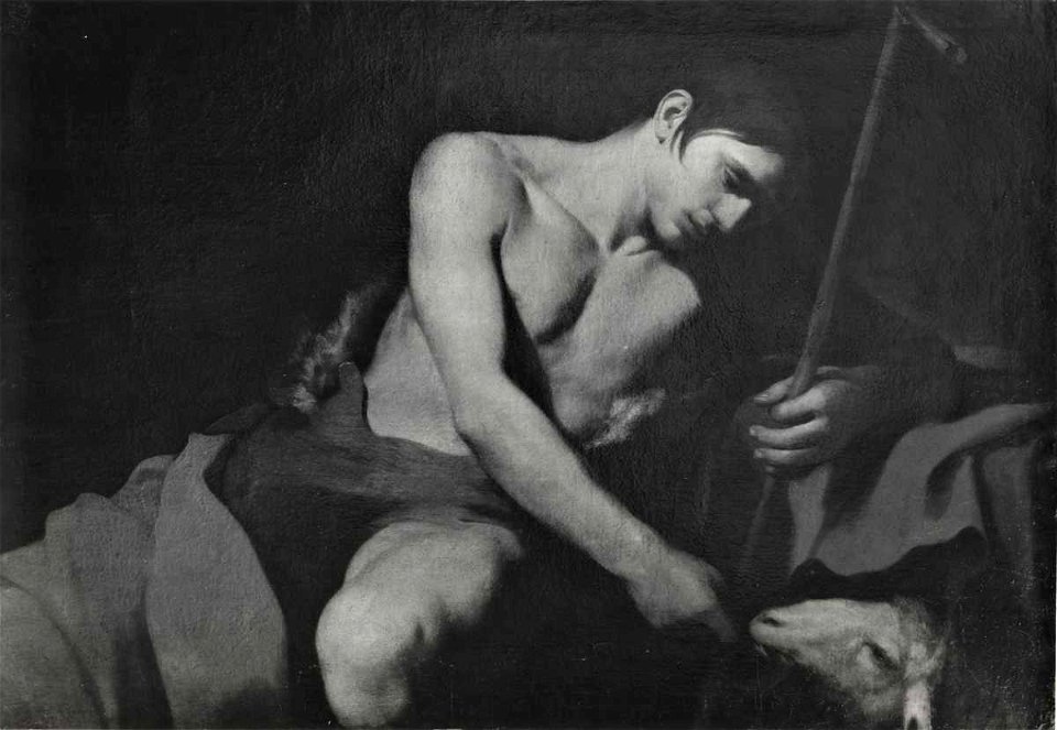 Spadarino (o caravaggio), san giovanni battista nel deserto, collezione russo, roma