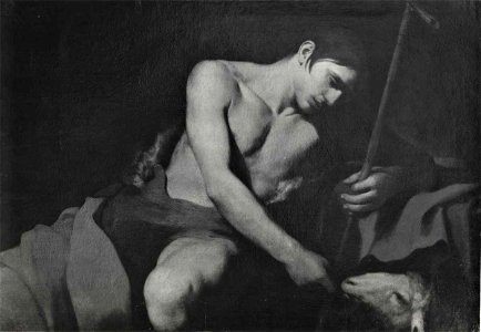 Spadarino (o caravaggio), san giovanni battista nel deserto, collezione russo, roma