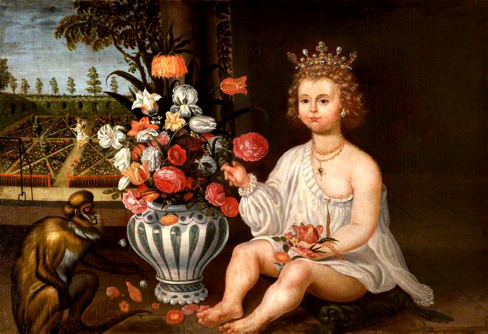 Spanish (Colonial) School (attributed to) - A Royal Child Seated by a Vase of Flowers, a Monkey with a Garden beyond and the Figure of Pomona Walking in It - 1257168 - National Trust