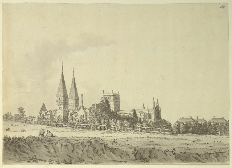 Southwell Minster south-east view by Samuel Hieronymus Grimm 1791
