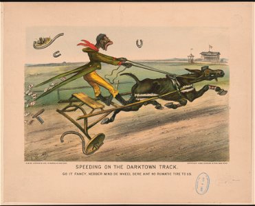 Speeding on the darktown track. Go it fancy, nebber mind de wheel dere aint no rumatic tire to us - T. Worth. LCCN2001706245