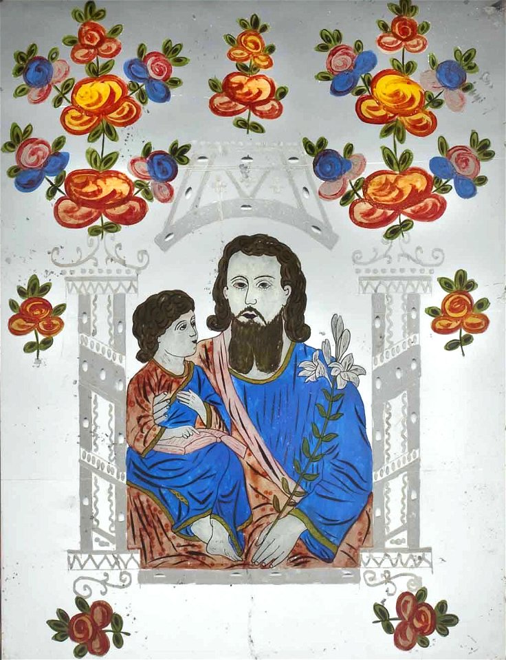Spiegelhinterglasbild Joseph mit dem Jesusknaben Südböhmen 19Jh