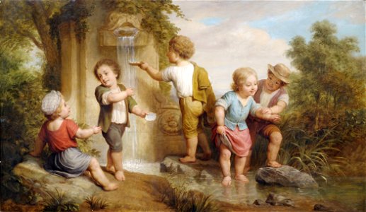 Spielende Kinder an einer Quelle Frankreich