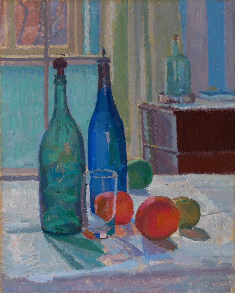 Spencer Frederick Gore - Blue and Green Bottles and Oranges - Google Art Project. Free illustration for personal and commercial use.