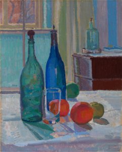Spencer Frederick Gore - Blue and Green Bottles and Oranges - Google Art Project. Free illustration for personal and commercial use.