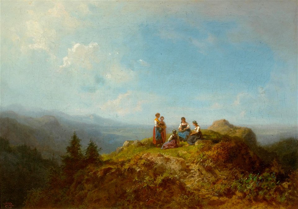 Carl Spitzweg - Fünf Mädchen im Dirndl auf der Alm