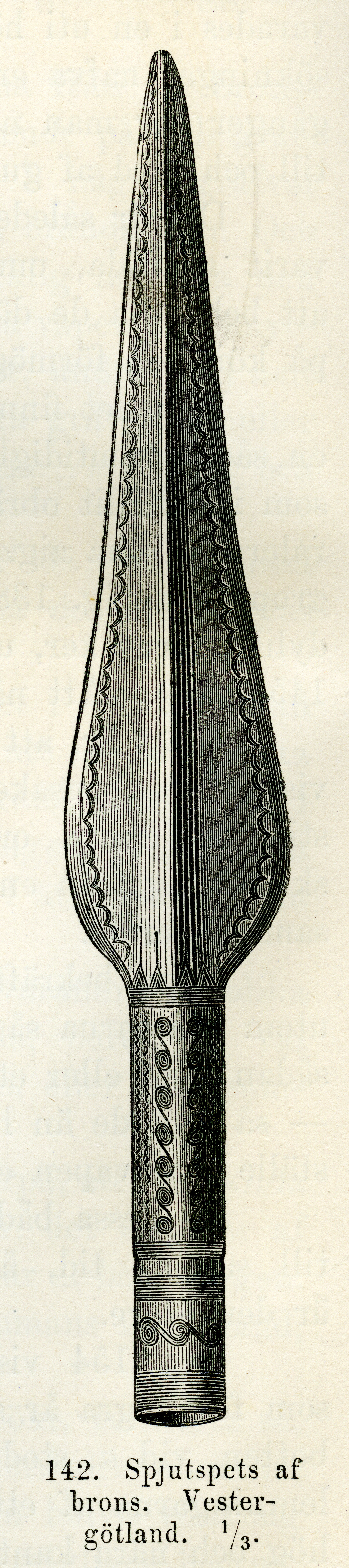 Spjutspets av brons fr Falköping, Västergötland (Montelius 1877 s110 fig142)