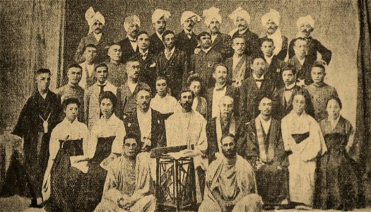 Srimath Anagarika Dharmapala (seated-centre) at the Mahabodhi Society Headquarters in Calcutta