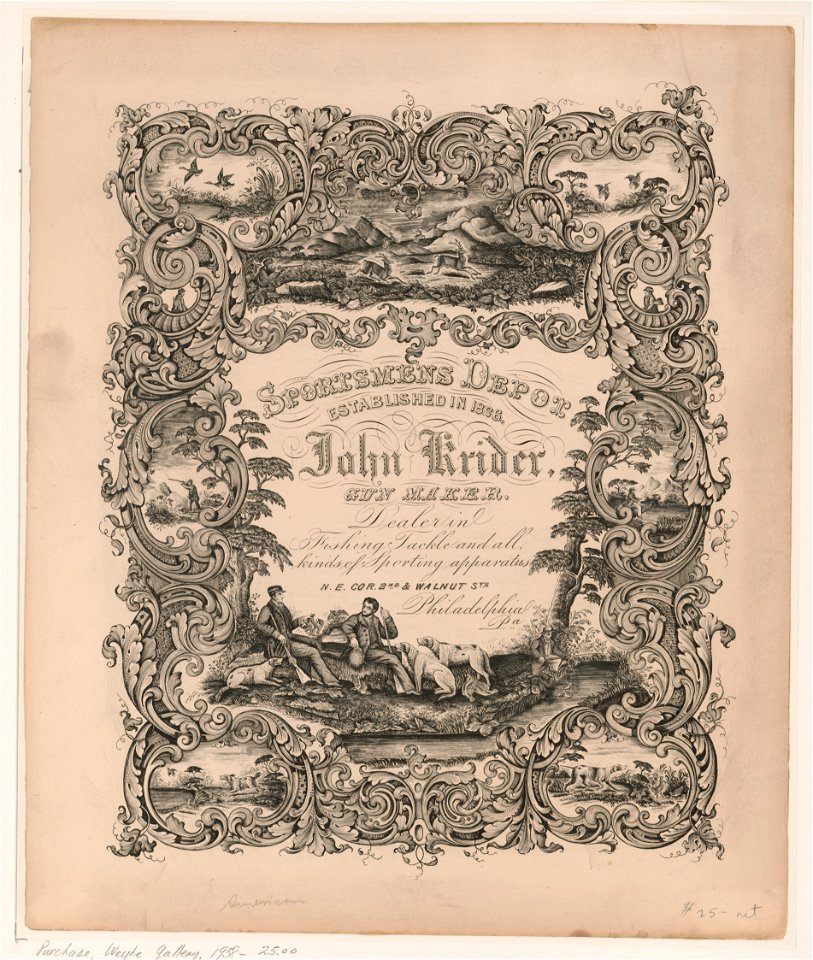 Sportsmens depot established in 1826. John Krider, gun maker, dealer in fishing tackle and all kinds of sporting apparatus, N.E. corner 2nd & Walnut sts., Philadelphia, Pa. LCCN2012649661