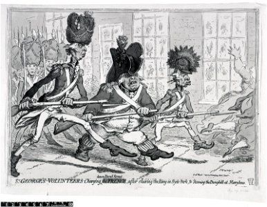 St George's volunteers charging down Bond Street, after clearing the ring in Hyde Park, & storming the dunghill at Marybone. (BM 1868,0808.6599 1)