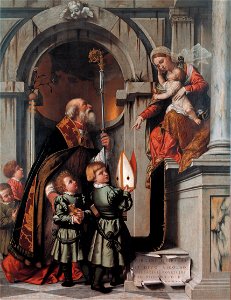 St Nicholas of Bari presents the Rovelli students to Madonna and Child, by Moretto da Brescia. Free illustration for personal and commercial use.