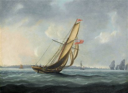Attributed to Thomas Buttersworth - A Squadron of the fleet bearing down the Channel off the south coast of England towards an on-coming despatch cutter