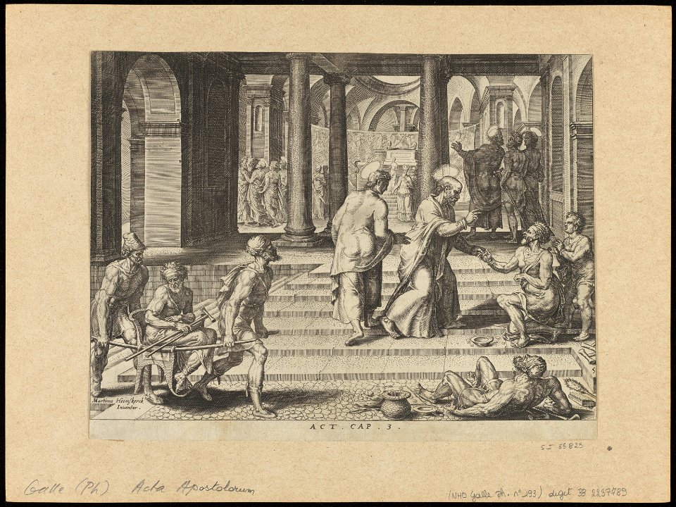 St Peter Healing The Lame at The Beautiful Gate 1575 print by Maarten van Heemskerck, S.I 55825, Prints Department, Royal Library of Belgium