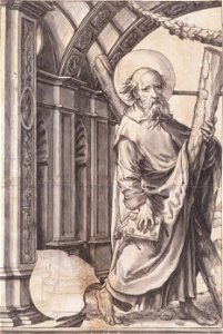 St Andrew, Design for a Stained Glass Window, by Hans Holbein the Younger. Free illustration for personal and commercial use.