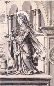 St Catherine of Alexandria, Design for a Stained Glass Window, by Hans Holbein the Younger. Free illustration for personal and commercial use.