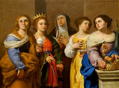 St Mary Magdalene, St Catherine of Alexandria, St Catherine of Siena, St Lucy, and St Dorothy, by Francesco Guarino, c. 1640-1645, oil on copper, detail - Blanton Museum of Art - Austin, Texas - DSC07949. Free illustration for personal and commercial use.
