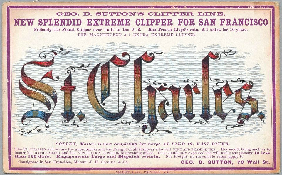 ST. CHARLES Clipper ship sailing card HN002777aA
