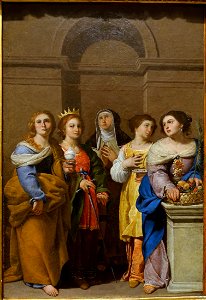 St Mary Magdalene, St Catherine of Alexandria, St Catherine of Siena, St Lucy, and St Dorothy, by Francesco Guarino, c. 1640-1645, oil on copper - Blanton Museum of Art - Austin, Texas - DSC07947. Free illustration for personal and commercial use.