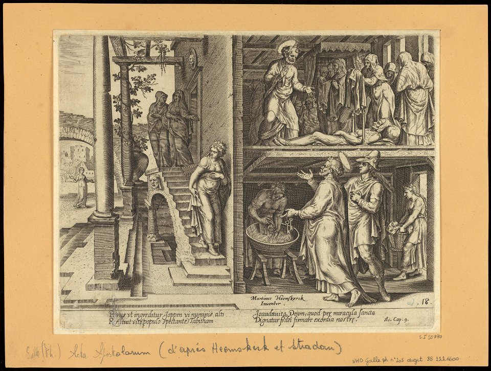 St Peter Raising Tabitha at Joppa 1575 print by Maarten van Heemskerck, S.I 55770, Prints Department, Royal Library of Belgium