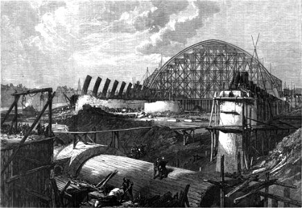 St Pancras station train shed under construction in 1868 (cropped). Free illustration for personal and commercial use.