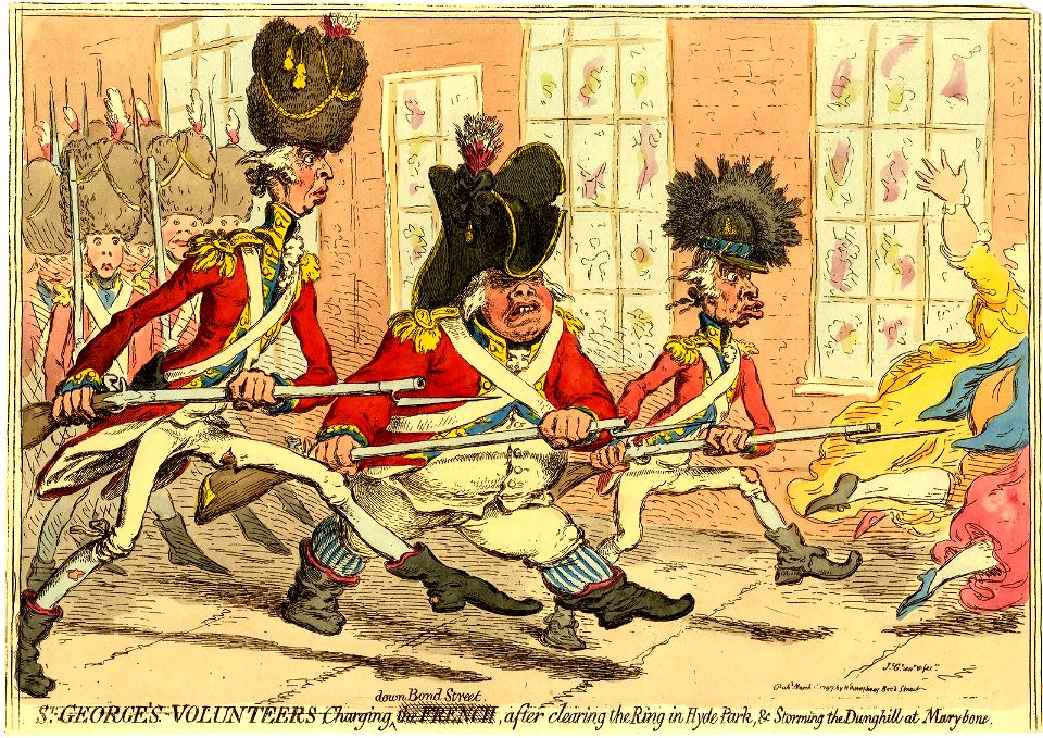 St George's volunteers charging down Bond Street, after clearing the ring in Hyde Park, & storming the dunghill at Marybone. (BM 1868,0808.6599)