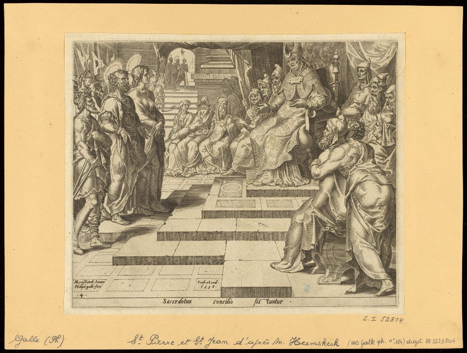 St Peter and St John Before the High Priest and The Council 1558 print by Maarten van Heemskerck, S.I 52814, Prints Department, Royal Library of Belgium