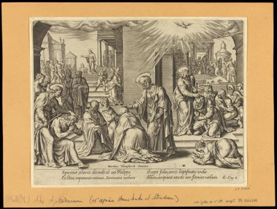 St Peter, St John and St Philip Laying Their Hands on The Baptized at Samaria 1575 print by Maarten van Heemskerck, S.I 55764, Prints Department, Royal Library of Belgium