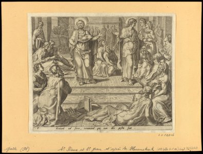 St Peter and St John Reporting to Their Company What Had Befallen to Them 1558 print by Maarten van Heemskerck, S.I 52816, Prints Department, Royal Library of Belgium