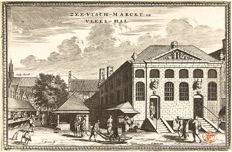 Stadsgezicht met vismarkt en Vleeshal te Delft
