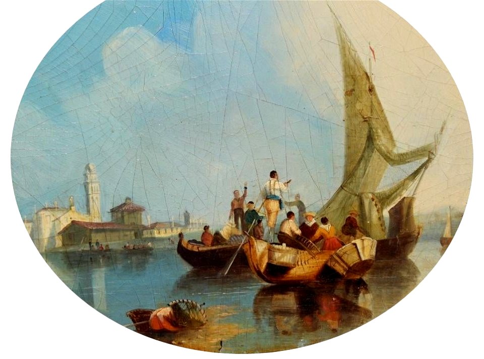 Oil on board painting of Venice with figures in gondolas by William Clarkson Stanfield ii