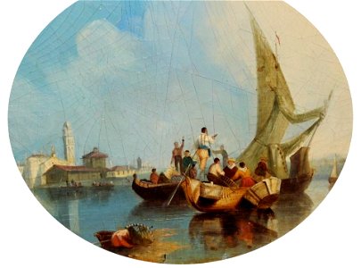 Oil on board painting of Venice with figures in gondolas by William Clarkson Stanfield ii